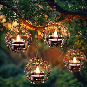 Solar Tea Lights Outdoor Hanging Lanterns Waterproof Patio Garden Copper 4 Pack